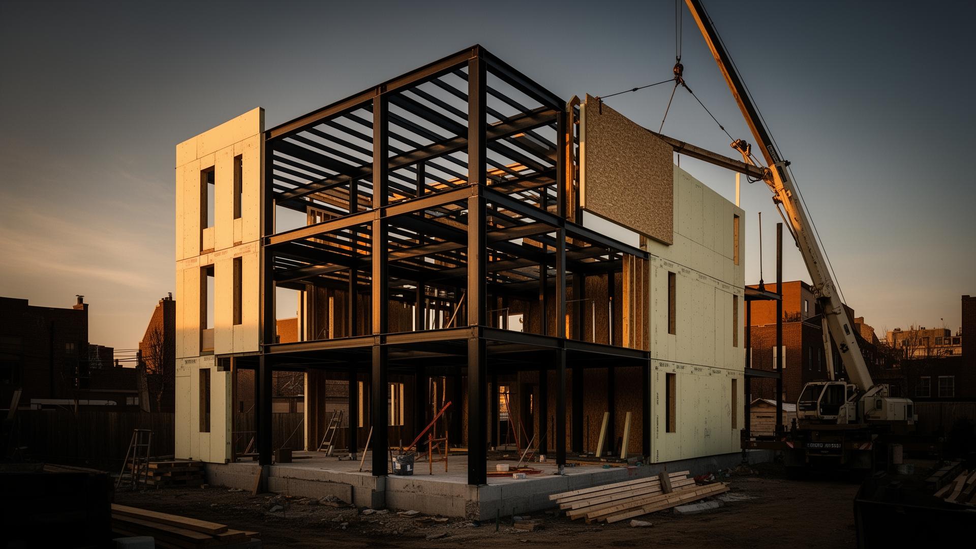 Welded structural steel frame during construction