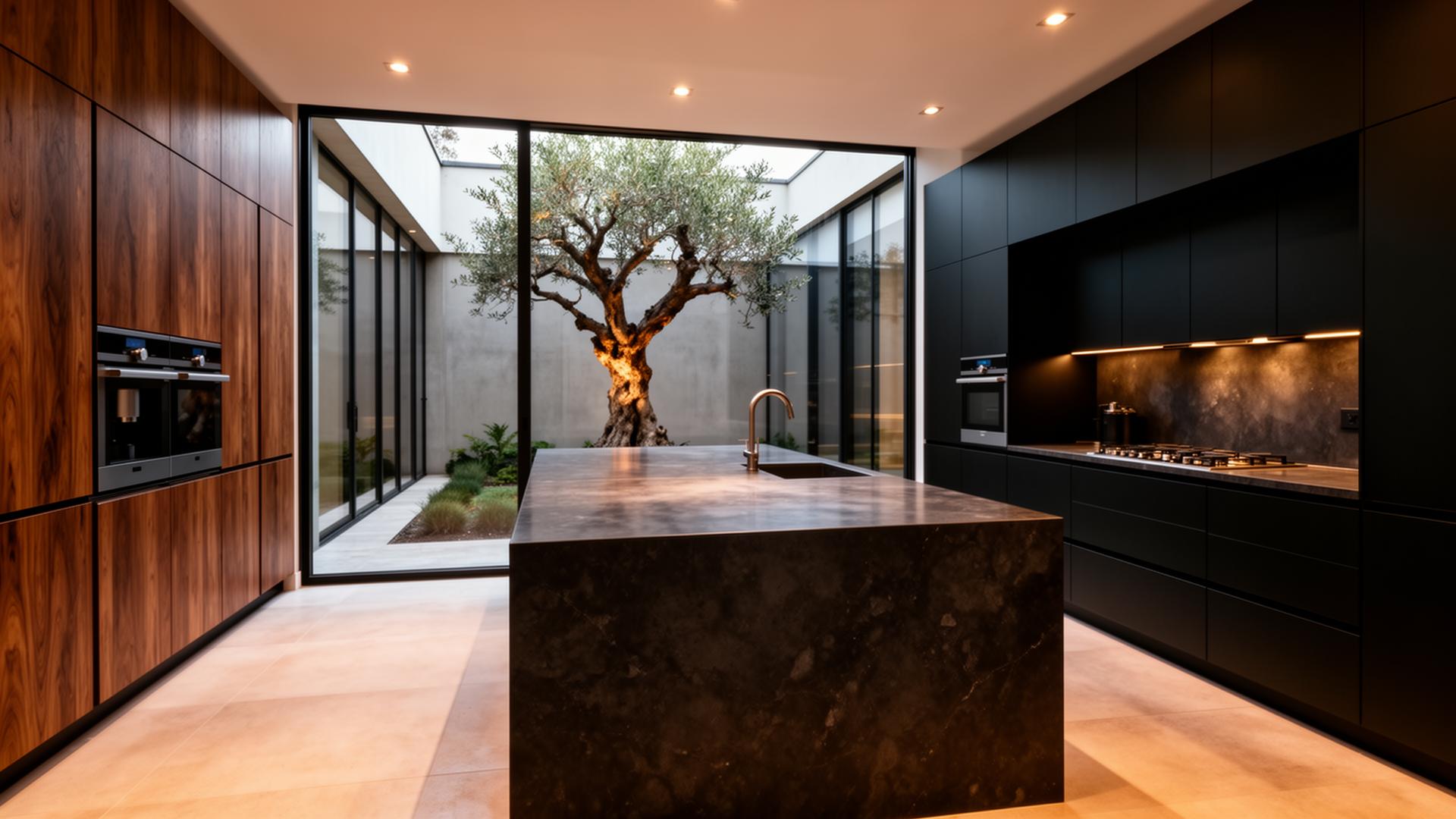 Kitchen with stone island opening to interior courtyard